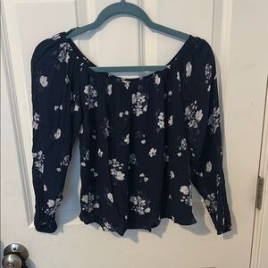 Hollister Blue and White Smocked Long Sleeve Blouse